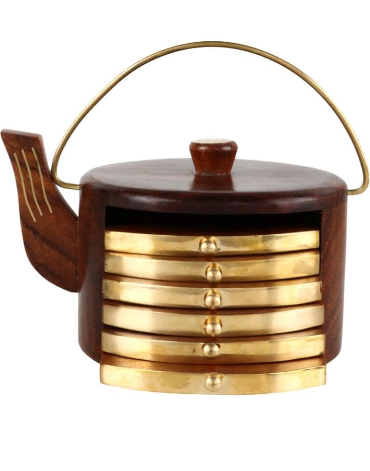 Kettle Shape Coaster Set of 6 for Tea Cup Coffee Mug & Housewarming Gift Coaster (Brown)-image-42