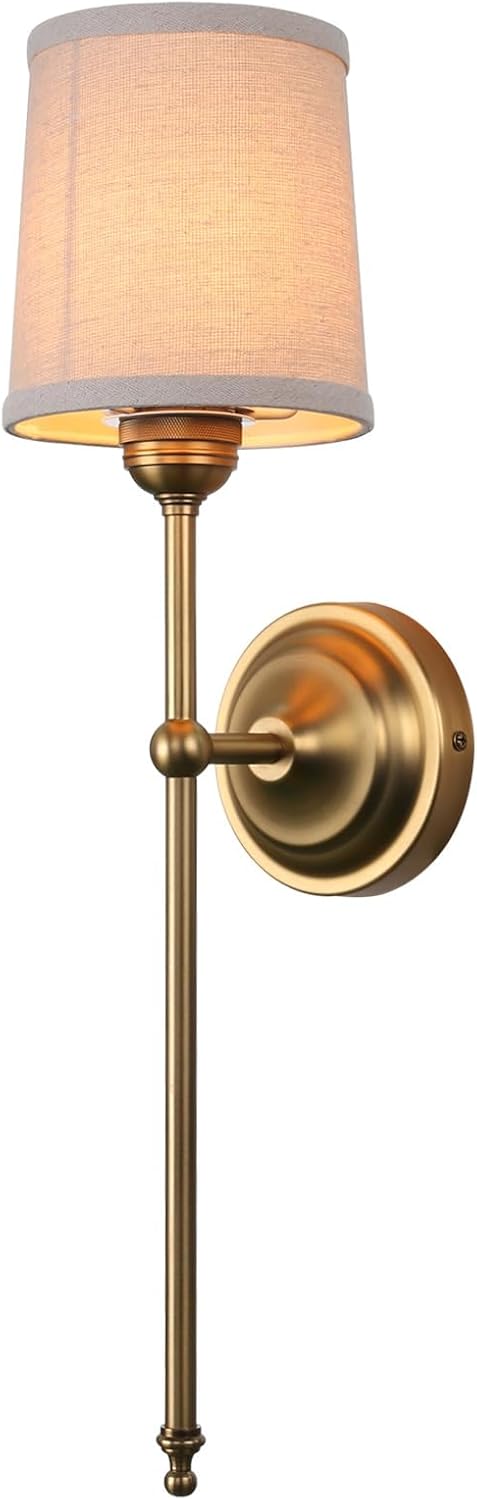 Antique Finish Sconce Wall Lighting Fixture with Linen Fabric Shade, E26 Hardwired Indoor 1-Light Wall Mounted Lamp for Living Room Bedside Nightstand Light Vanity Bathroom