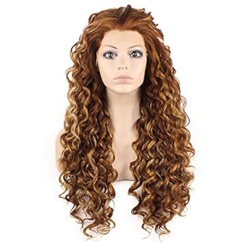 Mxangel Long Heat Resistant Synthetic Hair Highlight Auburn Celebrity Stylish Curly Lace Front Wig Natural