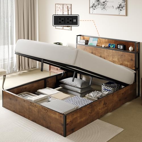 LUXOAK Letto Contenitore 140x200 cm con Box Sollevabile e Stazione di Ricarica – Struttura Letto con Spazio di Archiviazione, Silenzioso, Marrone Rustico, Senza Rete a Molle