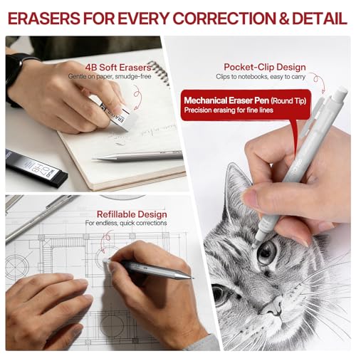 Image of WUO 0.7mm Metal Mechanical Pencil Set, 4-Pack with Eraser Pen and Case | 480 HB Lead Refills, 3 Erasers + 10 Eraser Refills, Medium Point, for Writing, Drawing, Drafting, Sketching
