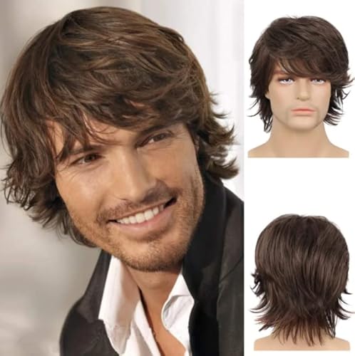 Creamily Perruque Hommes Marron Courte Couche Naturelle Moelleuse Perruque Synthétique Résistant à la Chaleur Halloween Cosplay Perruque de Cheveux Cover
