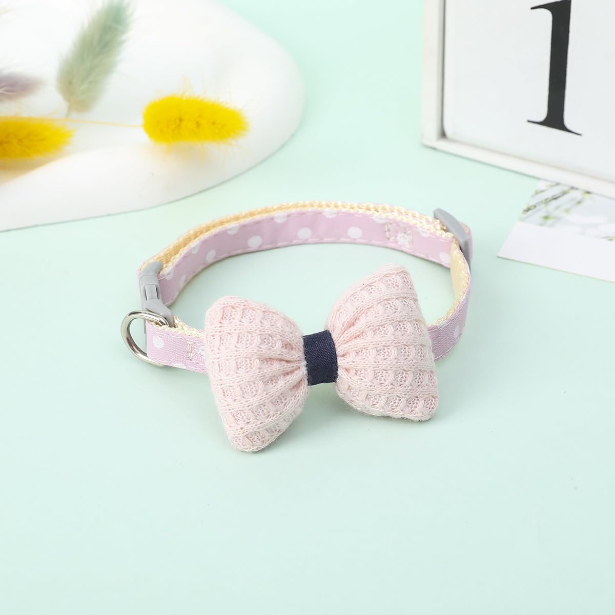 YellowCult Fancy & Comfortable Pet Collars for Cats, Puppies, Small Dogs, Fat Rabbits with Adjustable Size,Bow, Bell & Buckle Safety Lock-[Knitted Bow] - [Baby Pink]-image-8