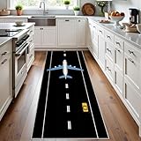Meugesoi Flugzeug Runway Teppich Läufer 60x120 cm Flugplatz Landebahn Carpet rutschfest Waschbar Bettumrandung Schlafzimmer, Cartoon Auto Teppichläufer für Küche Flur Eingangsbereich