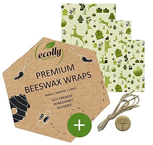 Lingettes à la cire d'abeille - Lot de 3 (S, M, L), Papier à la cire d'abeille, Premium Wax Wraps Wraps, Sans plastique et réutilisables, sans huile de jojoba - Xmas