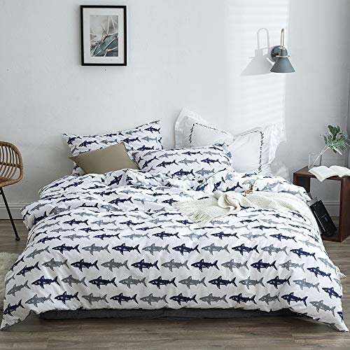 BuLuTu Blue Grey Shark Twin Kids Boys Bedding Duvet Cover Set Cotton White,Reversible Shark Bedding Sets For Teens with Zipper Closure,1 Duvet Cover and 2 Pillowcases (no Comforter)
