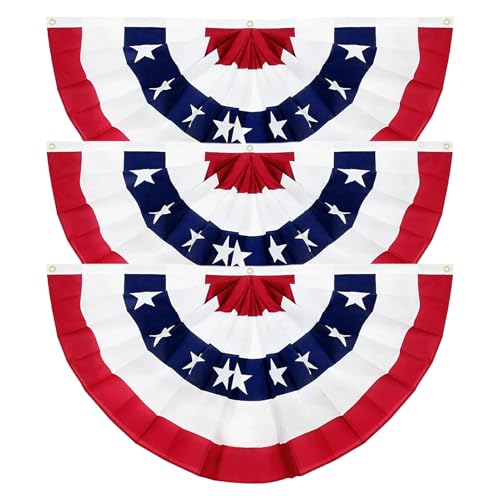 BEANEWONE American Flag Bunting Patriotic Pleated Fan Flag with Brass Grommets Ideal for 4th of July Memorial Day & 250th Independence Day Anniversary Porch & Outdoor Decor (1.5x3 Feet - 3PCs)