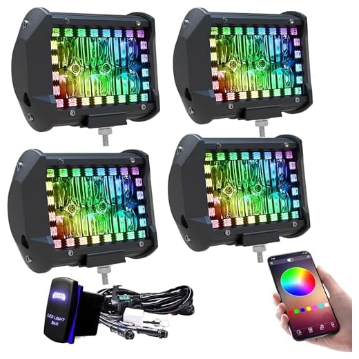 FEELON 4PCS 4" inch LED Pods Flood Work Light Bar with Multi-Color Chasing RGB Halo 16 Solid Colors Over 92 Flashing Modes Offroad Pods Lights LED Driving Lamp Fog Lights with Switch Wiring Harness