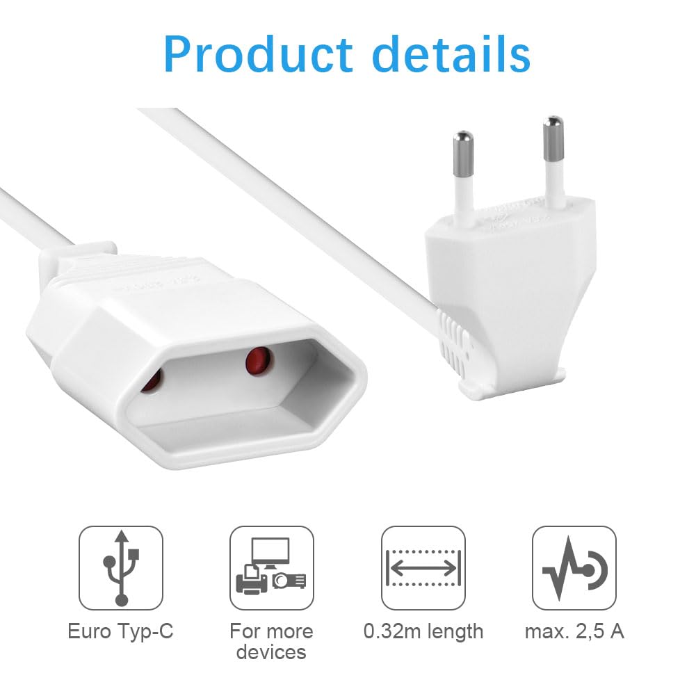AXFEE Przedłużacz kabla zasilającego, 2 w 1, 2 m, euro, wtyczka europejska 90°, wtyczka euro, wtyczka Euro CEE 7/16, przedłużacz typu C do TV, komputera, monitora (biały)