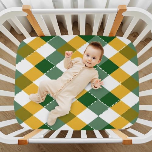 Image of Crib Sheet Breathable Soft Crib Mattress Sheet for Baby Toddler Boys Girls Fitted Crib Sheet Fit Standard Crib Mattress 39 x 27 Inch Yellow Green Argyle