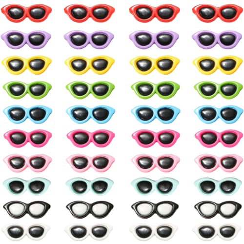 JKJF 40 Pcs Mini Sunglasses Flatback Resin Charms Tiny Sunglasses Crafts Cute Sunglasses Charm Embellishments for DIY Crafts Hair Clip Phone Case Scrapbook Decor - 10 Colors