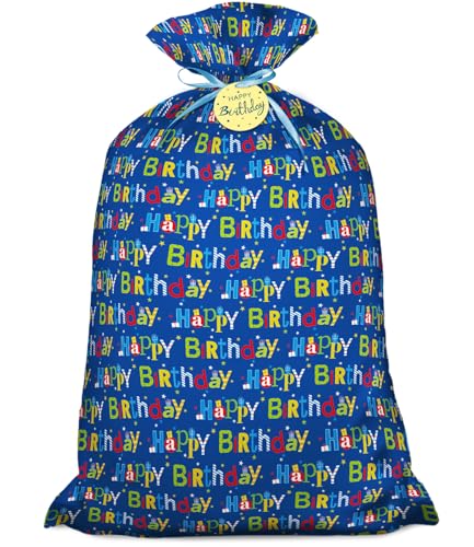 Laidans 56 Extra Large Blue Plastic Gift Bag Jumbo Happy Birthday Gift Bag with Tag and Tie for Boy Kids Birthdays Parties or Holiday