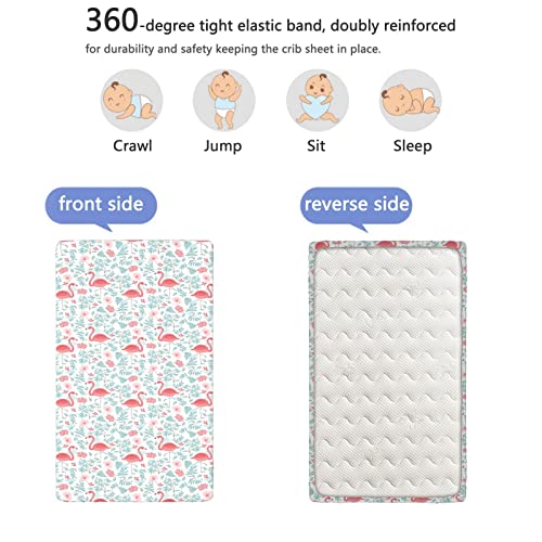 Flamingo Themed Fitted Mini Crib Sheets,Portable Mini Crib Sheets Soft And Breathable Bed Sheets-Great For Boy Or Girl Room Or Nursery, 24“ X38“,Seafoam White Coral #TOP4