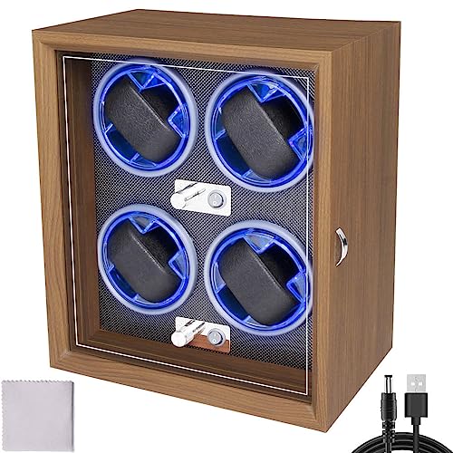 Blendra Automatic Watch Winder Box for 4 Watches - Quiet Motor, 4 Rotation Modes & Blue LED Light, Acrylic Display Case With Wipe Cloth - Watch Storage