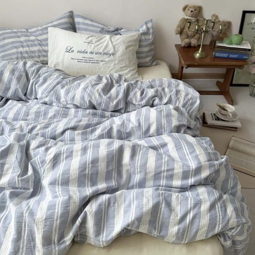 Image of Nayoroom Striped Duvet Cover Queen Blue White Stripe Bedding Set | Modern Farmhouse Coastal, Dorm Bedding, Soft Breathable Washed Microfiber, All-Season Comfort, Hidden Zipper, 4 Corner Ties