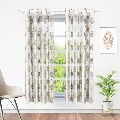 Image of Sheer Window Curtains 5 Feet Curtains for Windows Home Curtains for Window |Motif| White & Brown |Polyester, Pack of 10