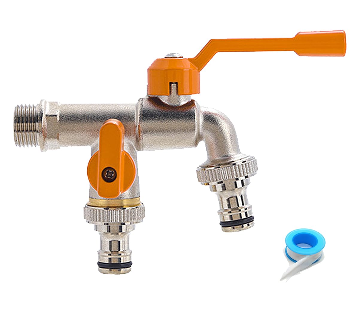 Bifordo Gold Brass Double Water Tap,1/2 Inch Double Outlet Garden Tap Rust And Antifreeze Double Output Faucets With 2 Hose Connectors For Garden Washing Machine Rain Barrel