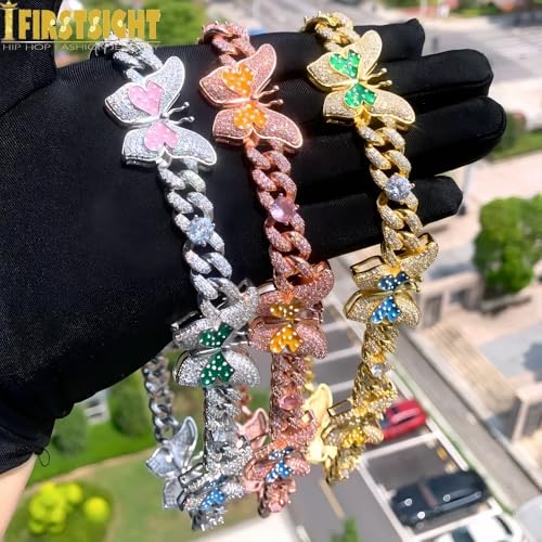 12mm CZ Cuban Butterfly Necklace Iced Out Bling Silver Color Choker Jewelry TH342