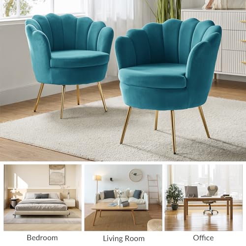 Image of HULALA HOME Modern Velvet Accent Chair with Shell Shaped Back, Cute Living Room Bedroom Armchair Sofa Chair with Gold Legs, Comfy Upholstered Vanity Chair for Makeup Room, Blue