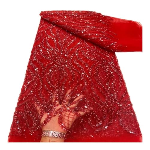 Tissu à paillettes couture haute qualité de 5 yards avec perles brodées pour robe de mariée rouge
