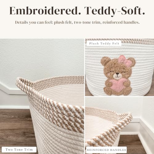 Image of Pink Teddy Bear Baby Storage Basket, Cotton Rope Nursery Bin, 15x11 in | Stuffed Animal and Blanket Storage, Embroidered Bear Patch, Baby Girl Room Decor, Gift, Kids Playroom Organizer