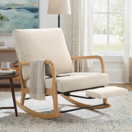HOMCOM Silla Mecedora con Reposapiés, Respaldo Ajustable, Mecedora de Pana Nórdica, Patas de Madera, Reposabrazos, Cojín Lumbar, Sillón para Lactancia, Carga 120 kg, para Dormitorio, Salón, Crema