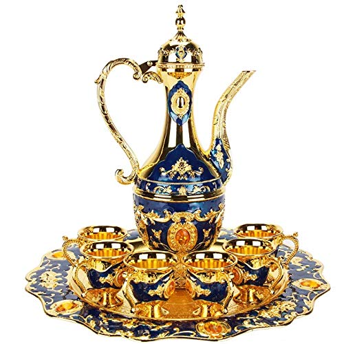 Thyggzjbs Vintage Turkish Coffee Pot Set for 6 including Tray & Teapot Silver Inset with Crystal Stones(Blue)