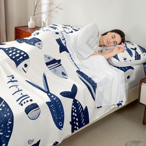 Image of jejeloiu Cartoon Fish Bed Sheets Set Queen Size Marine Theme Bed Set Ocean Sea Animal Deep Pocket Fitted Sheet White Blue Breathable Soft Lightweight Microfiber