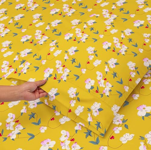 Image of HOMEKART 120 TC Cotton Rich ElasticCorner Fitted Bedsheet with 2 Pillow Covers | Double Bed 72x68+6 Inches | Wrinkle-Free, Super Soft & Breathable Floral Design | Yellow