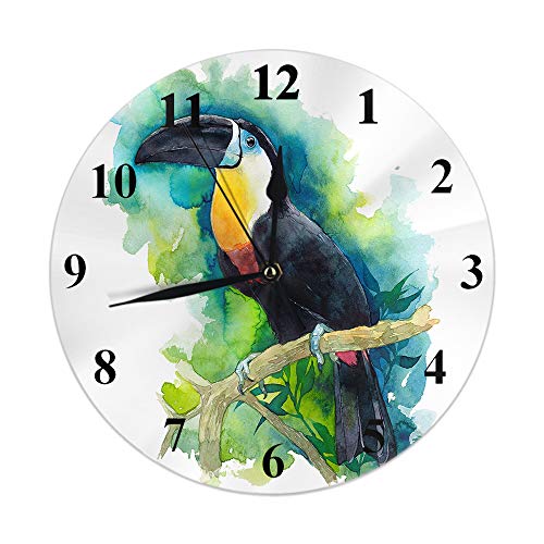 AOYEGO Toucan Wall Clock Tropical Bird Exotic Branch Foliage Nature Forest Tree Leaf Beak Jungle Round Clocks Wall Decorative Silent No Ticking 10 inch 25cm PVC Rustic Modern for Bedroom