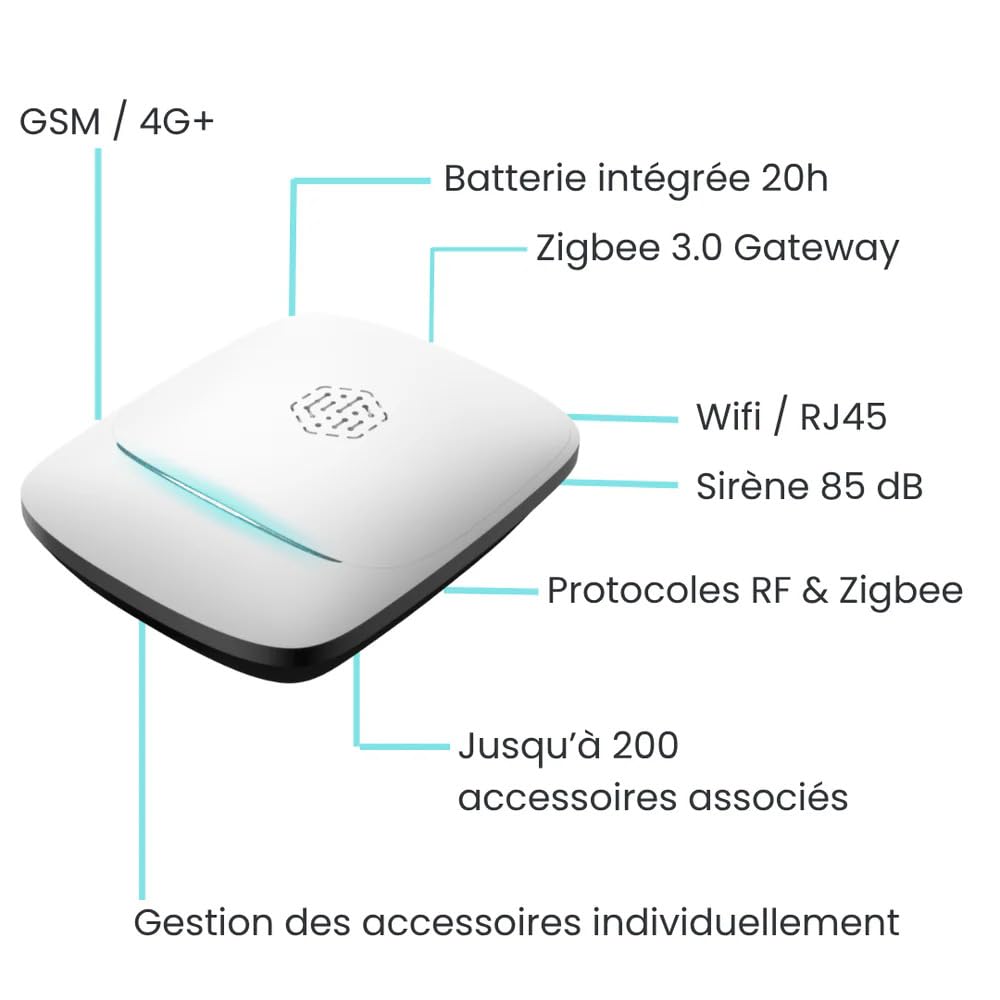 Daewoo - Pack Alarme Maison sans Fil Elite (Zenguard) - Centrale PA501Z - Kit Comprenant 13 Accessoires + 1 Caméra Autonome Extérieure & 1 Intérieure - Passerelle Zigbee - WiFi/GSM sans Abonnement
