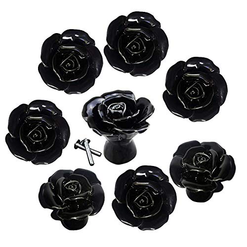 DLD 8PCS Black Ceramic Vintage Floral Rose Door Knobs Handle Drawer Kitchen + Screw (Black)