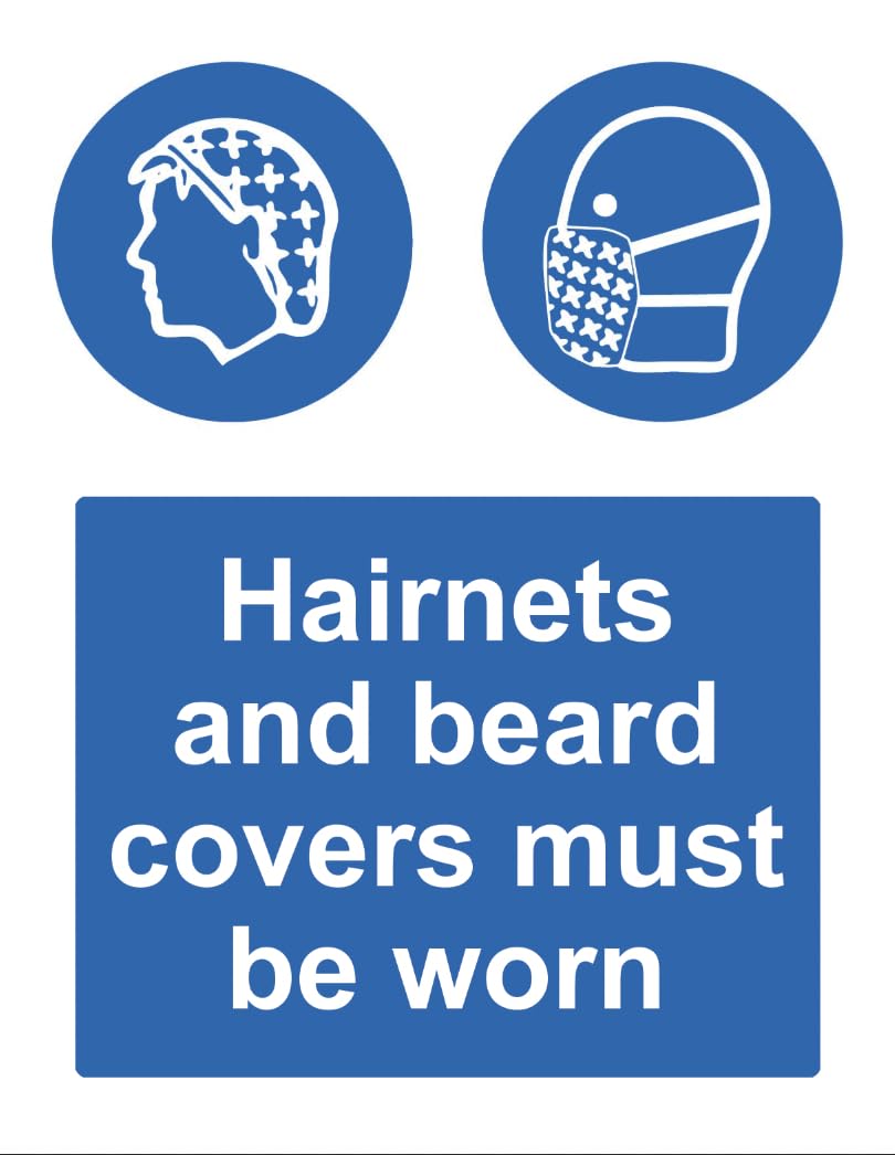 Warning Hairnets & Beard Covers Must Be Worn Food Safety Sign Self Adhesive Gloss Decal Sticker 160mm x 125mm