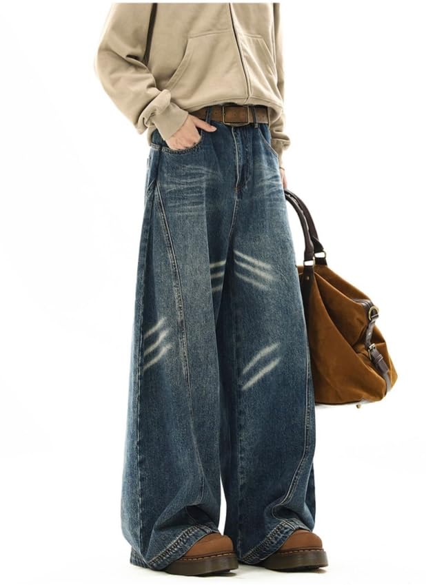 Men's Baggy Wide-Leg Jeans Y2K White Striped Retro Distressed Gothic Pants Casual Fashion Street Style Emo Clothing4