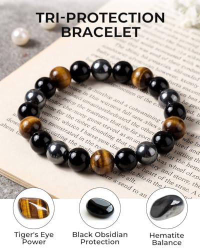 Image of Triple Protection Bracelet for Men & Women - Natural Tiger Eye, Black Obsidian & Hematite Beaded Bracelet - 10mm Healing Crystals for Luck, Prosperity & Spiritual Protection - Meaningful Gift