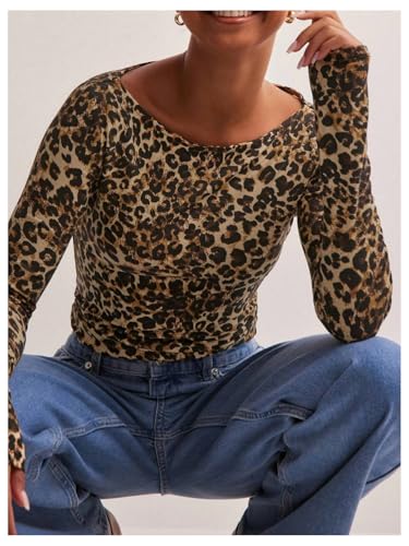Women's Long Sleeve Leopard Print T Shirts Boat Neck Slim Fit Tee Shirts Streetwear4