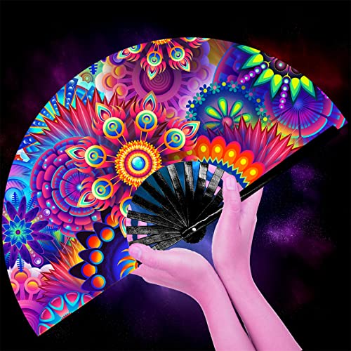 Lysa UV Glow Rave Hand Fan Foldable for Women/Men/Drag Queen - Large Clack Festival Folding Hand Fan - for EDM, Music Festival Party, Event, Dance, Disco (Flouer-UV-05)