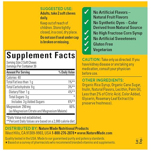Nature Made High Absorption Magnesium Complex Soft Chews, 40 Count | Supplement for Muscle, Heart, Bone Support, Magnesium Citrate & Malate Blend 250 mg per serving, Vegetarian, 20 Day Supply - image 8