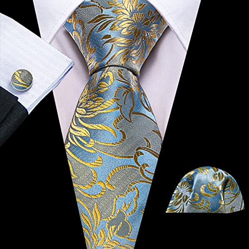 Image of Barry.Wang Flower Ties for Men Silk Woven Floral Tie Sets Necktie Handkerchief Cufflinks Wedding Party
