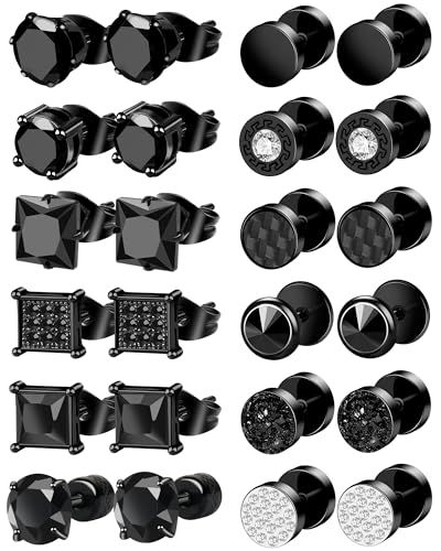 ONESING 12 Pairs Black Earrings for Men Stainless Steel Mens Earrings Stud Hypoallergenic Square Cubic Zirconia Stud Earrings Set for Multiple Piercing
