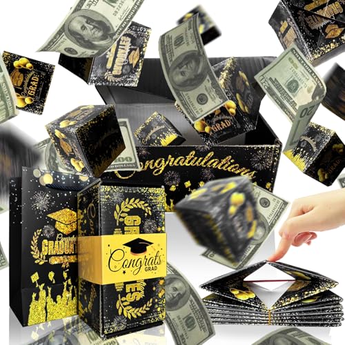 Graduation Surprise Explosion Gift Box Funny Pop Up Cash from Money Case for Her Him Preschool High School College DIY Novelty Luxury Folding Bouncing Money Boxes for Class of 2026 (Black)