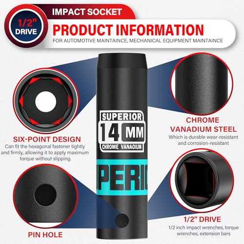 Image of 1 /2 inch Drive Impact Socket, 14 mm Deep Socket, Metric, 6 Point, CR-V, for Automotive Maintaince, Mechanical Equipment Maintaince