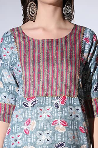 Image of DHRUVI TRENDZ Women's Cotton Blend Fancy Kurta Set | Regular Fit Kurti Sets for Woman | Floral Printed Kurta Sets for Woman Daily Outfits | Cotton Ethnic Traditional Straight Kurti Set for Office