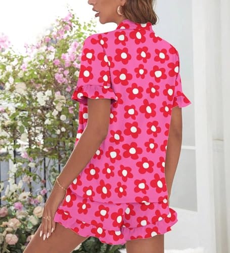 Image of SWOMOG Woman Pajama Set Short Sleeve Pjs Set 2Pcs Short Pajamas Button Down Ruffle Hem Sleepwear Soft Modal Loungewear