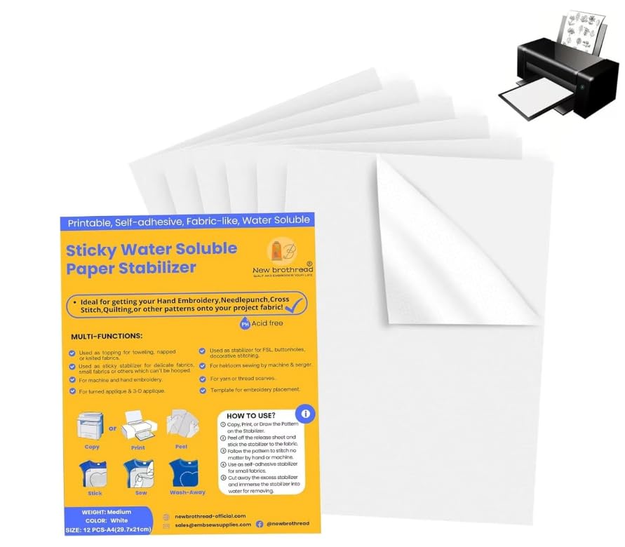 Solvio 6PCS A4 (29.7×21cm) Water-Soluble Sticky Embroidery Stabilizer Self-Adhesive Printable Transfer Paper for Hand & Machine Embroidery Wash-Away Pattern Support