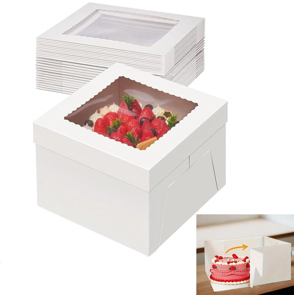 Boîte à gâteau blanche en carton de 25x25 cm avec fenêtre de boulangerie et planche carrée