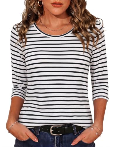 Image of Crewhpo Striped T-Shirt for Women UK Crew Neck 3/4 Sleeve Basic Tee Tops