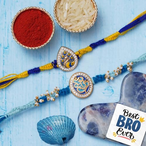 Image of eCraftIndia Set of 2 Lord Ganesha & Beautiful Peacock Rakhis, Best Bro Ever Fridge Magnet with Roli Chawal Pack - Rakhis for Brother, Bhabhi, Kids