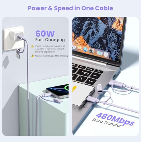 Image of Elebase USB C to Lightning Cable,4 in 1 Charging Cable 3.3FT,60W Multi Charger Cord with USB A Adapter for New Apple 17 16 15 14 13 12 11Pro Max Plus,Samsung Galaxy S26 S25 Ultra Plus,Z Flip Fold