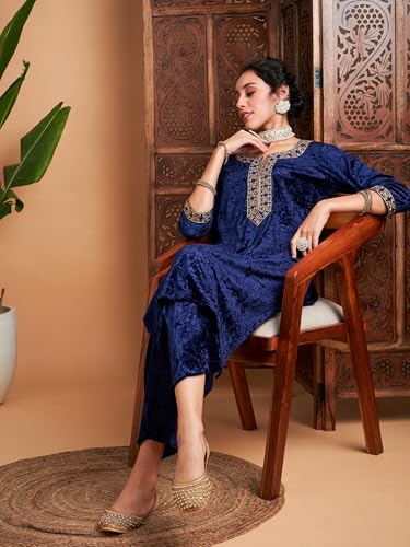 Image of Women Velvet Embroidered Straight Kurta